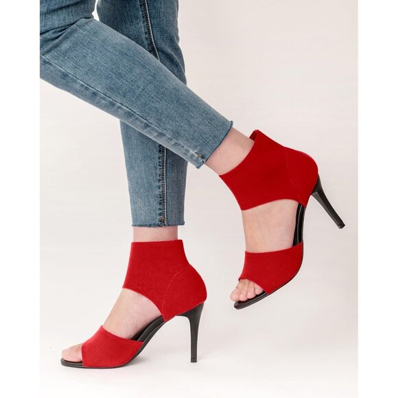 Red 3 Inches Peep Toe Synthetic Stiletto Stretchy Heeled Sandals for Women - Picture 5 of 10